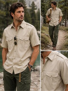 Vintage Oshman Sportswear Pathfinder Khaki Safari Shirt Made in Korea Large